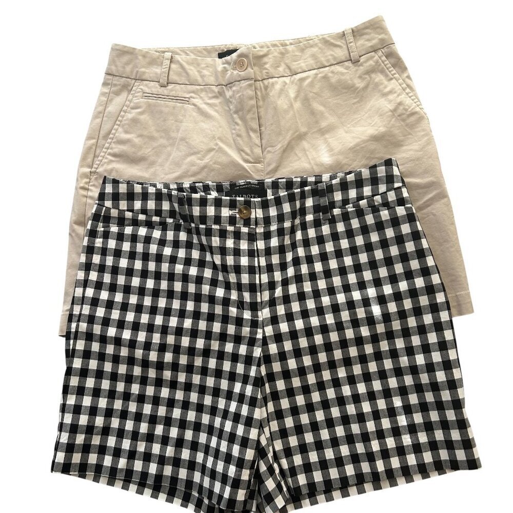 Talbot's The Perfect Shorts Two Pair Size 6 Khaki, Black White Gingham Preppy